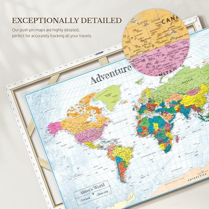 ElephantStock - Personalized Adventure Awaits IV Push Pin World Map Wall Art - Horizontal Canvas Wall Art - Living Room Wall Decor - Digital Art Map Canvas Art - Blue And Green Decor - 36" x 24"