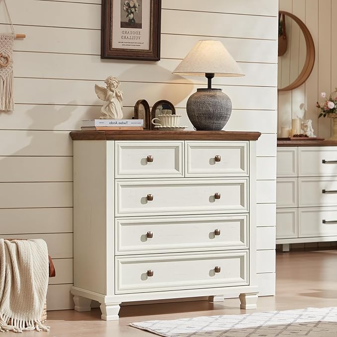 Farmhouse Bedroom Dresser and Nightstand Set of 4, 6 Drawer Low & 5 Drawers Dresser & 2 Drawer Nightstand Set, Rustic Wood Furniture Set for Bedroom, Hallway, White