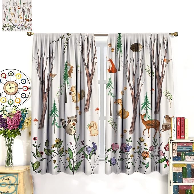 Forest Animal Kids Curtains, Watercolor Cartoon Window Treatments, Cute Animal Floral Girl Toddler Home Bedroom Living Room Drapes 55x63in