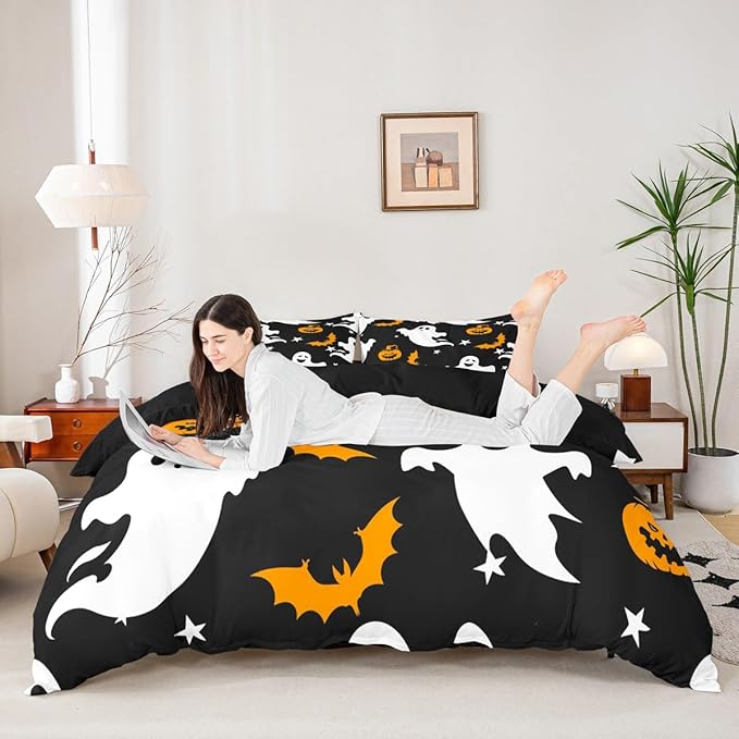 Halloween Bedding Duvet Cover Set Kids Cartoon Ghost Pumpkin Lantern Bedding Set Kids Trick or Treat Decor Comforter Cover Set Microfiber Bat Galaxy Night Bedspread Cover Bedroom Bedclothes Twin Size