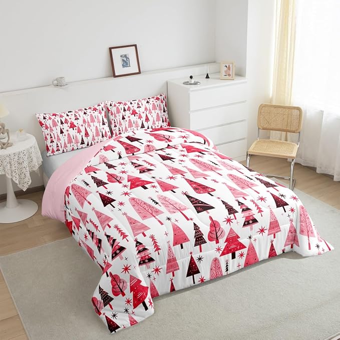 Manfei Pink Xmas Trees Comforter Set Queen Size, Christmas Theme Bedding Set 3pcs for Kids Boys Girls Adults Room Decor, Happy New Year Down Comforter Soft Polyester Quilt Set with 2 Pillowcases