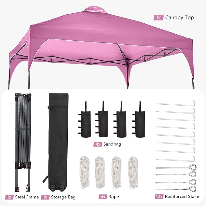 GDY 12X12 Pop Up Canopy Tent, Outdoor Canopy Tent, Commercial Instant Gazebos, Portable Shelter Canopies, for Patio/Outdoor/Wedding Parties and Events, Pink.