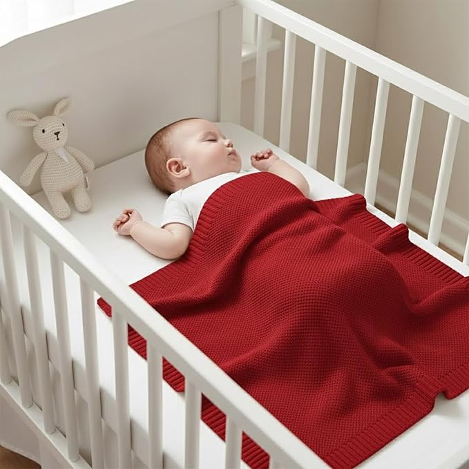 Baby Knit Blanket Soft Cotton Lightweight Newborn Blanket for Crib Stroller Toddler Nursery Shower Gift Cozy Breathable Travel Swaddle Wrap Red 36 x 28 Inches