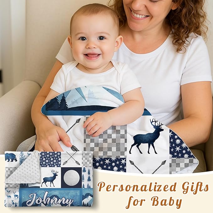Personalized Baby Blankets for Girls Boys, Custom Blue Deer Baby Blanket with Name for Kids, Flannel Bed Throw Blanket for Newborn, Customized Gifts for Baby Shower Nursery Blanket(47" x60)