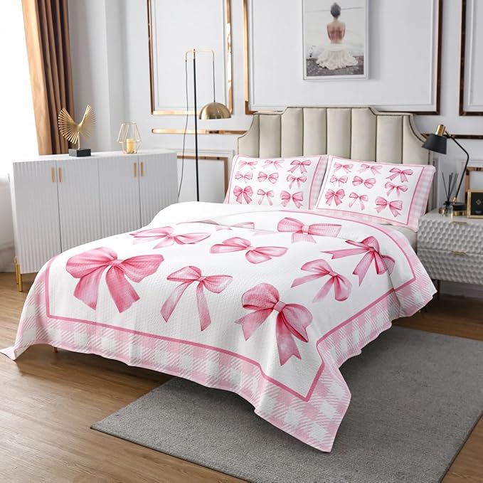 Pink Bowknot Kids Bedspread King Size,Geometric Plaids Grids Patchwork Fashion Coverlet Set,Girls Women Room Decor,Bow Tie Knot Princess Quilted Coverlet,Romantic Chic Bedding Quilt,2 Pillowcases