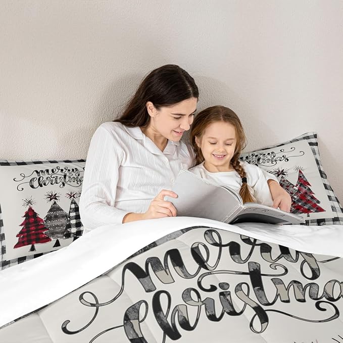 Christmas Trees Kids Comforter Set Twin Size,Geometric Grids Ink Tie-dye Bedding,Girls Boys Adults Bedroom/Xmas Cabin Decor,Rustic Vintage Down Comforter,Black Grey Retro Duvet Insert,1 Pillowcase