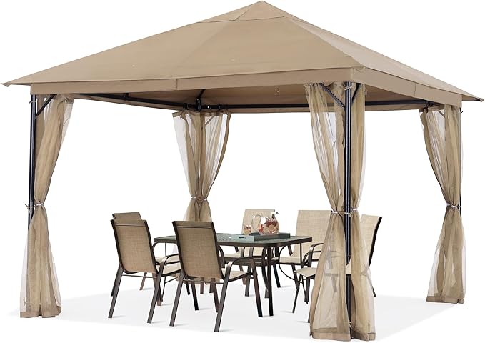 ABCCANOPY Outdoor Patio Gazebo 11x11 - Single Roof Canopy with Mosquito Netting for Backyard, Deck, Garden, Lawn, Khaki