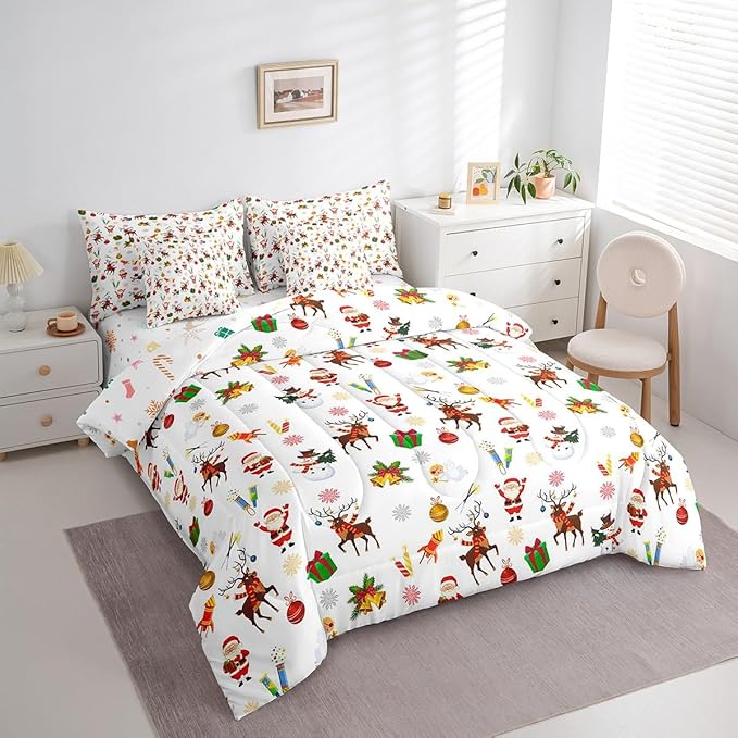 Christmas Kids Bed Set Cute Snowman Santa Claus Bed in a Bag Boys Girls Cute Reindeer Comforter Set with Sheets Christmas Bells Cartoon Design Bedding Set Bedroom Collection Full Size