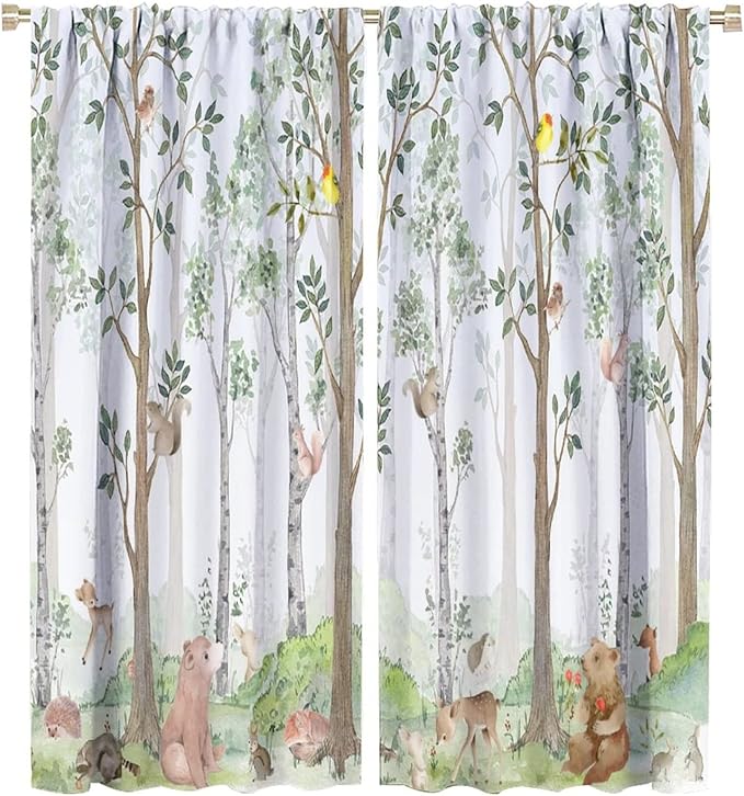 Kids Watercolor Woodland Animal Window Curtains, Bear Deer Squirrel Hedgehog Fox Birds Green Forest Blackout Rod Pocket Treatment for Boys Girls Bedroom 42x54in
