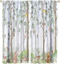 Kids Watercolor Woodland Animal Window Curtains, Bear Deer Squirrel Hedgehog Fox Birds Green Forest Blackout Rod Pocket Treatment for Boys Girls Bedroom 52x84in