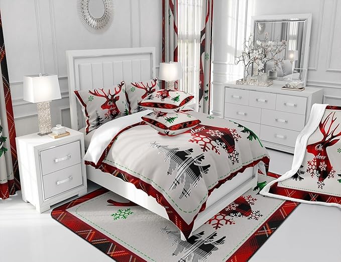Manfei Xmas Deer Duvet Cover Set Queen Size, Christmas Tree Snowflake Print Comforter Cover with 2 Pillowcases, New Year Theme Bedding Set 3pcs for Kids Boys Girls Bedroom Decor,No Comforter