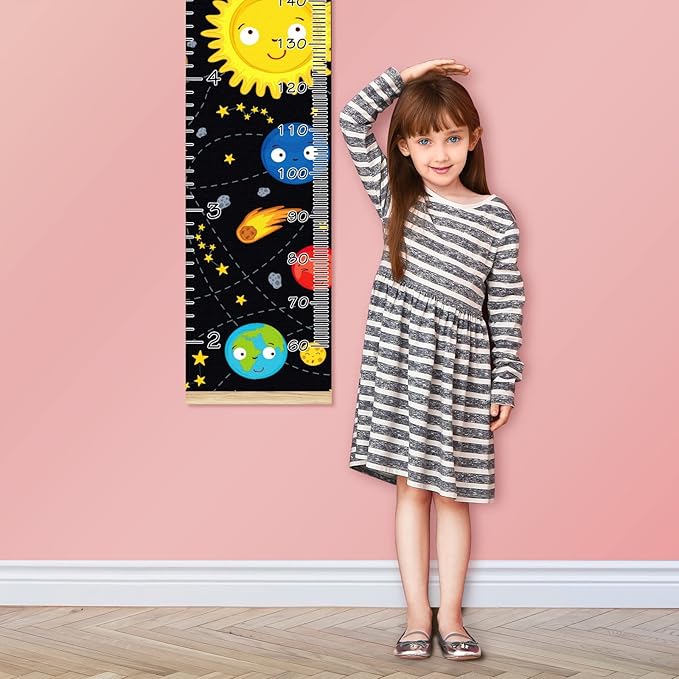 Personalized Kids Name Growth Chart Ruler for Wall Wood Frame Height Measure Chart 13.4x56 in Linen Hanging Height Growth Chart Space Stars Planets Galaxy Rockets Sun Kids Room Decor