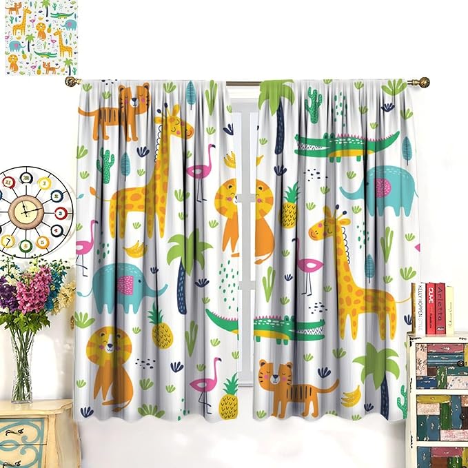 Kids Animals Blackout Curtains Cartoon Cute Abstract Fun Tropical Animals Art Printed for Children Girls Boys Bedroom Nursery Rod Pocket Decoration Window Drapes 2 Panels W42xL84in