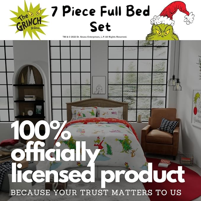 Grinch by Dr. Seuss Holiday & Christmas Bedding Super Soft Comforter and Sheet Set with Sham, 7 Piece Full Size (Official Dr. Seuss Product) by Franco