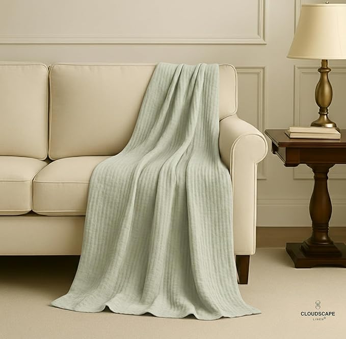 Cloud Scape Linen Extra Large 4 Layer Muslin Throw Blanket - 100% Cotton Gauze, Lightweight & Breathable All Season, Pre-Washed, for Couch & Bed, 50x70, Seafoam Green