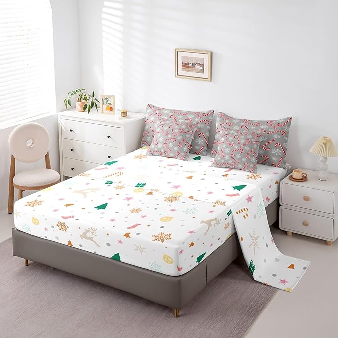 Erosebridal Xmas Candy Cane King Bedding Set 7 Piece,Merry Christmas Bed in A Bag for Kids Boys Girls,Winter Snowflake Comforter Set Grey Christmas Ornaments Sheet Set with Comforter