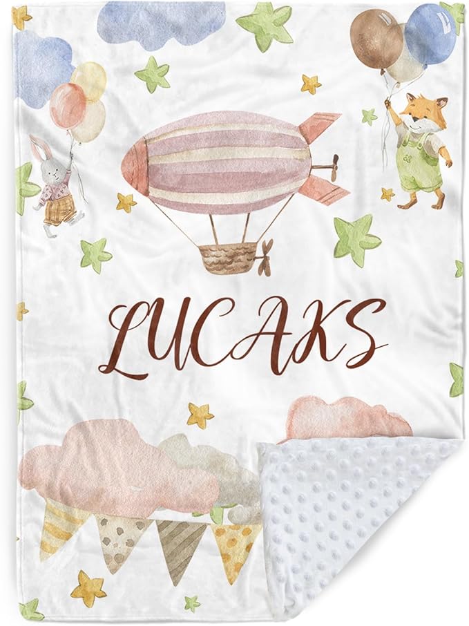 Personalized Baby Blanket for Girls, Custom Name Blanket for Newborn New Mom , Soft Flannel with Double Layer Dotted Backing, Gifts for Baby Shower Christmas Birthday, Hot Air Balloons(60"x80)