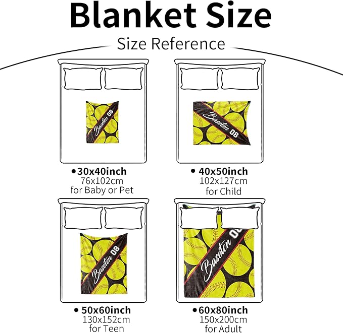Personalized Softball Baby Blanket Gifts: Custom Soft Flannel Fabric Blankets with Name Number for 0-6 Years Kids Boys Girls - Warm and Comfortable(40X50inch)