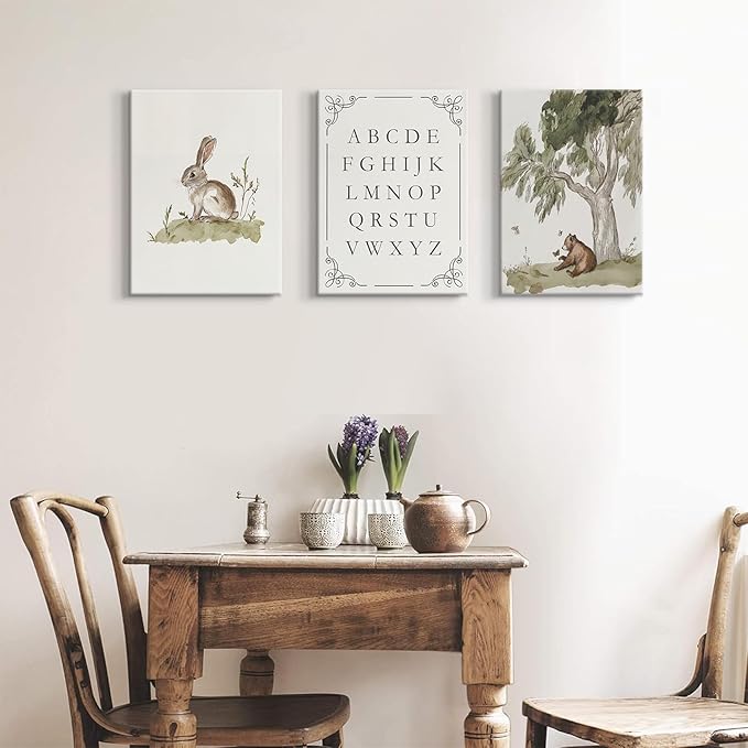 LSXARTQQ Set of 3 Woodland Nursery Wall Art Neutral Forest Animal Alphabet Canvas Wall Decor Vintage Nursery Wild Animals Paintings Pictures Kids Boys Girl Room Bear Bunny Artwork Prints(16x24inch)