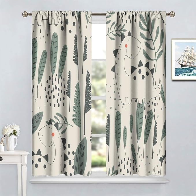 Funny Dinosaur Curtains, Jungle Cute Cartoon Animals Tropical Leaves Plant Beige Green Print Blackout Window Treatments for Kids Boys Girls Bedroom Living Room 72x63in