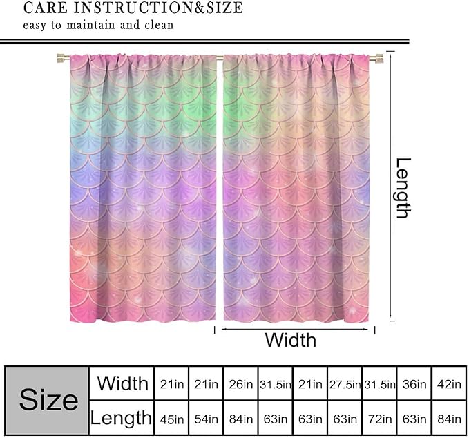 Mermaid Curtains, Kids Cartoon Watercolor Sea Animals Mermaid Princess Scales Pattern Print Living Room Decoration for Kids Girls Bedroom Nursery 63x72 Inch