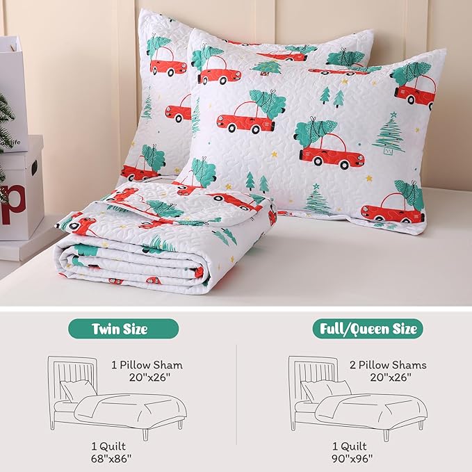 JSD 3 Pcs Kids Christmas Quilt Set Full/Queen, Red Truck Tree Christmas Theme Bedding, Soft Microfiber Bedspread Coverlet Holiday Quilted Blanket