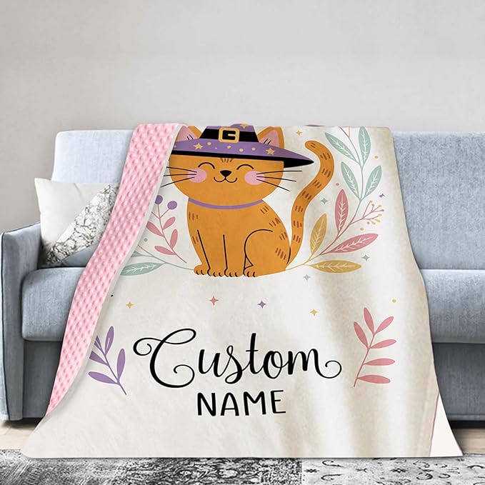 Personalized Halloween Blanket for Baby Girls, Custom Baby Blanket with Name, Cat Design Soft Minky Dot Blanket, Halloween Decor Christmas Birthday Gifts for Kids Toddlers