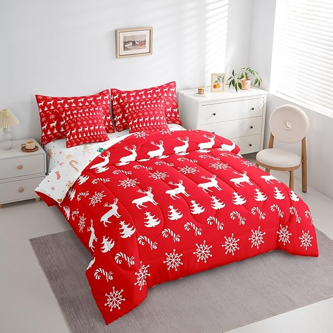 Erosebridal Christmas Full Bedding Set 7 Piece,Xmas Elk Deer Bed in A Bag,Winter Snowflake Comforter Set Candy Pine Tree Sheet Set with Comforter,Red Christmas Decoration