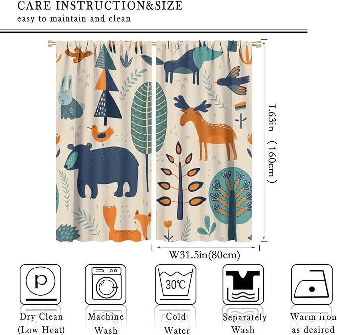 Kids Forest Animal Curtains, Rustic Cartoon Cute Wild Animal Window Treatments Woodland Safari Animal Fox Deer Bear Window Drapes for Girls Boys Nursery Toddler Bedroom 63x63in