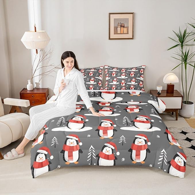 Feelyou Christmas Comforter Set All Season Penguin Bedding Set with 1 Pillow Cases Snowflake Microfiber Kids Twin Bedclothes Pine Tree Bedroom Decor Duvet Quilt Breathable Soft Lightweight