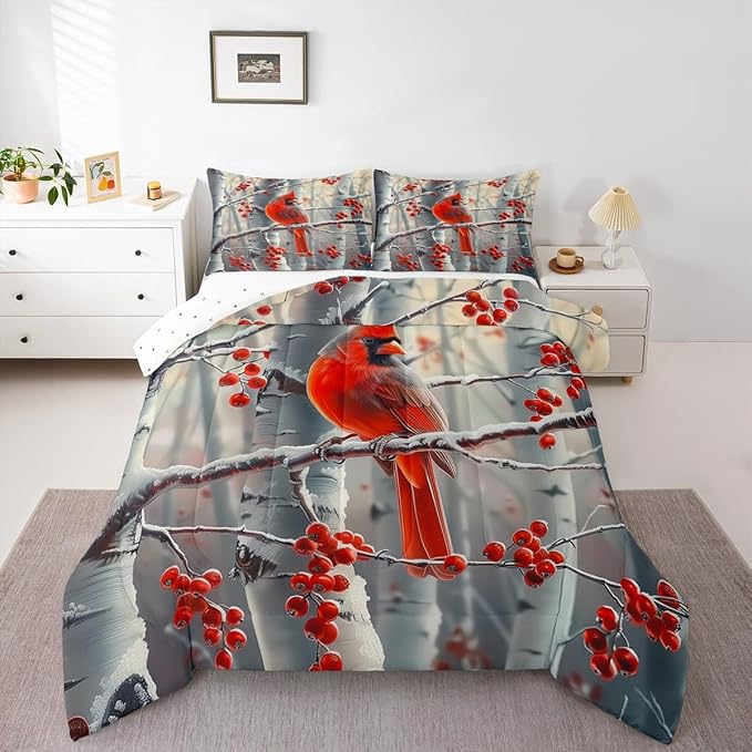 jejeloiu Kids Red Cardinal Comforter Set Toddler Christmas Theme Bedding Set for Boys Girls Teens Xmas Birds Winter Rustic Country Farm Animal Duvet Quilt Room Decor