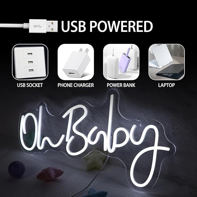 Oh Baby Sign for Wall Decor Led Neon Lights for Teen Bedroom Decor Art Light Up Letters Oh Baby Neon Neon Signs for All Party Room Decorations USB 5v 21.7x10 Inch (white)