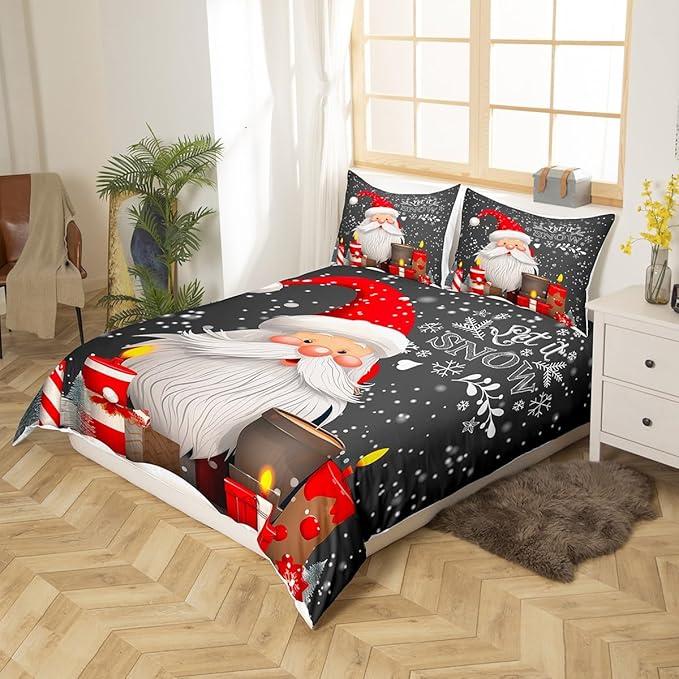 Christmas Duvet Cover Set King Size Santa Claus with Candles and Gift Boxes Print Bedding Set 3pcs for Kids Boys New Year Theme Comforter Cover Winter Snow Quilt Cover with 2 Pillowcases,No Comforter
