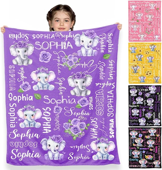 D-Story Ship Next Day, Personalized Baby Blanket, Custom Baby Blanket with Name for Girls and Boys, Elephant Blankets, Personalized Baby Gifts