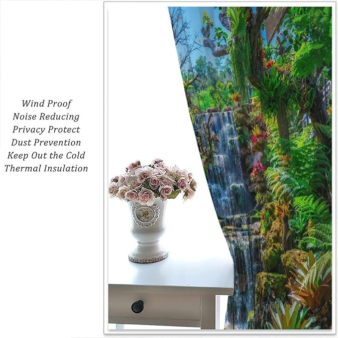 Waterfall Blackout Window Curtains, Spring Forest Nature Landscape Theme Pattern Print Window Drapes, for Living Room Bedroom 72x63in 2 Panels