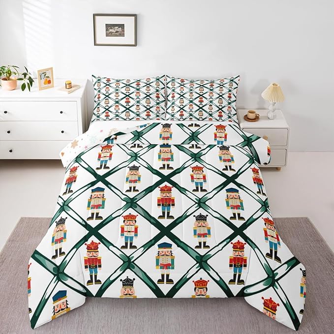 Feelyou Cute Nutcracker Bedding Set Soft for Boys Girls,Green Lattice Pattern Comforter Set Twin Size Colorful Duvet Quilt Microfiber Funny Soldier Bedroom Decor Kawaii 2 Pcs with 1 Pillow Cases