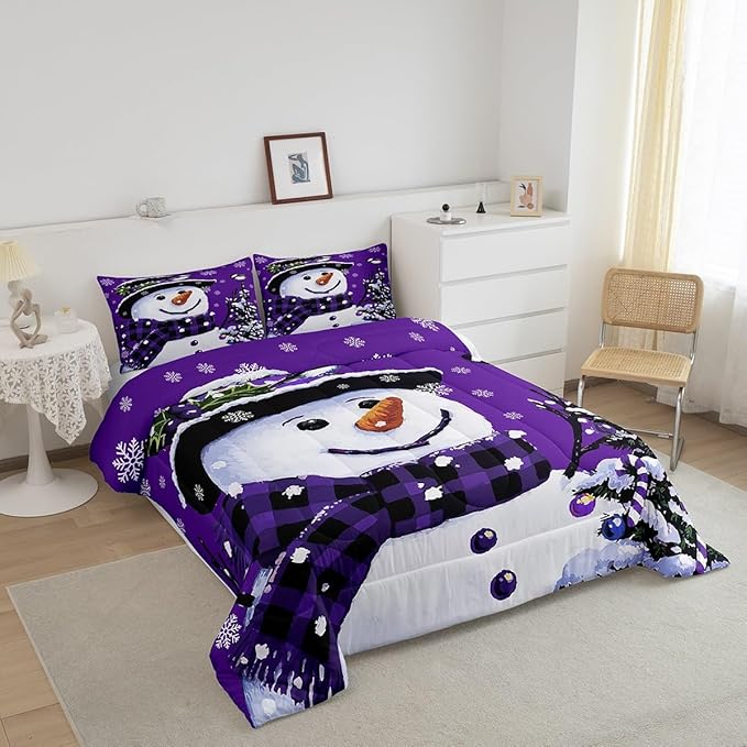 Feelyou Kids Christmas Theme Decorations Bedding Set Xmas Snowman Comforter Set for Boys Girls Snowflake Kawaii Cute Comforter Purple Quilt Set Bedroom Collection Toddler Size
