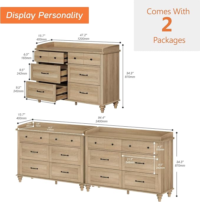 WAMPAT 2-in-1 Baby Dresser with 12 Drawers for Kids Dresser, Farmhouse Wooden Double Dressers for Bedroom, Oak 6 Drawer Dressers Set Organizer for Children’s Bedroom, Nursery Furniture