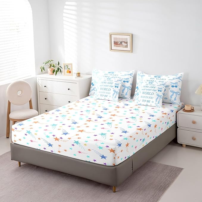 7 Pieces Blue Bowknot Kids Comforter Set King,Cherry Tropical Fruit Cartoon Princess Bedding Set,Bow Tie Stars Daisy Cute Blue Dreamy（Comforter+Fitted+Flat Sheet+2 Pillowcases+2 Throw Pillow Covers）