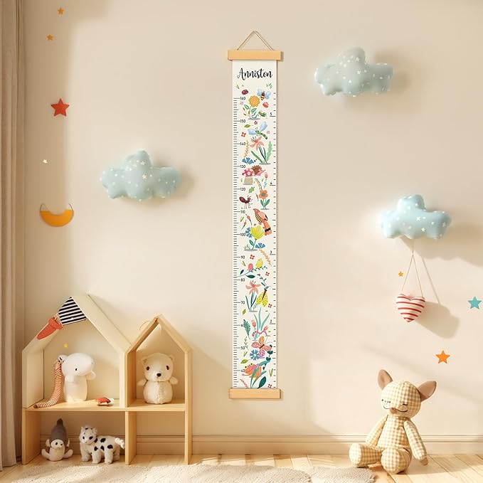 Personalized Name Growth Chart Wall Decor for Kids – Canvas Removable Height Chart Measuring Ruler 59" x 7.9" (Flower Birds)