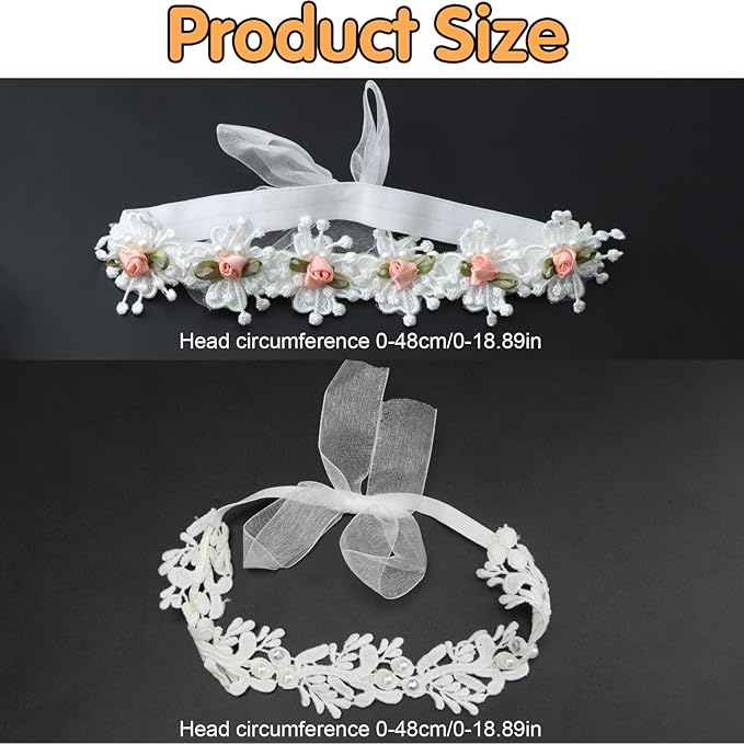 2 Pack 18-20in Elegant White Flower Christening Headbands for Baby Girl, Elastic Soft Lace with Cute Tulle Pearl Hair Strap (Snow Tooth Rose)