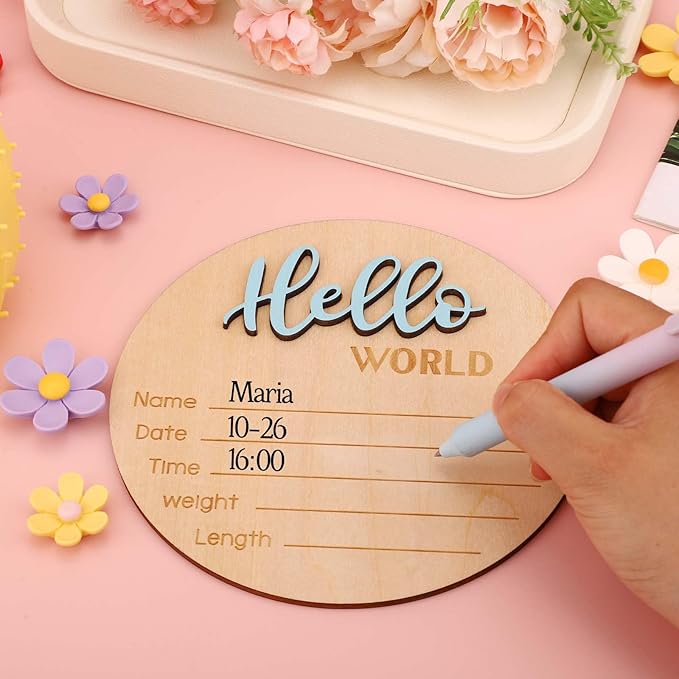 Newborn Announcement Sign, 15cm/5.9in Wooden Hello World Newborn Sign Birth Baby Name Plaques for Boys and Girls Baby Shower Photo Props or Hospital Nursery Decor (Blue)