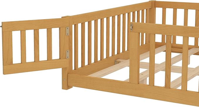 Harper & Bright Designs Queen Size Montessori Bed with Door and Fence, Kid's Floor Bed Frame with Solid Wood Support Slats for Boys, Girls, Natural