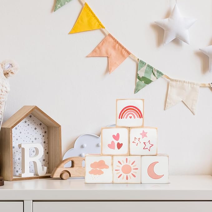 Kigley 6 Pcs Rainbow Nursery Decor for Girls and Boys Nursery Watercolor Shelf Decor Muted Rainbow for Minimalist Neutral Moon, Stars, Clouds Baby Blocks for Bedroom Playroom Gifts