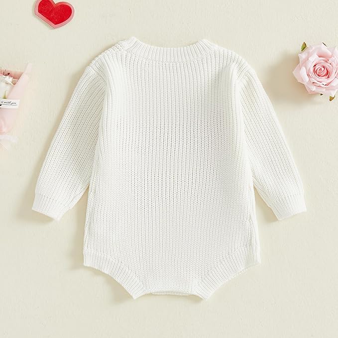 Lesimsam Newborn Baby Boy Girl Valentines Day Outfit Oversized Embroidery Long Sleeve Knit Sweater Bubble Romper Bodysuit