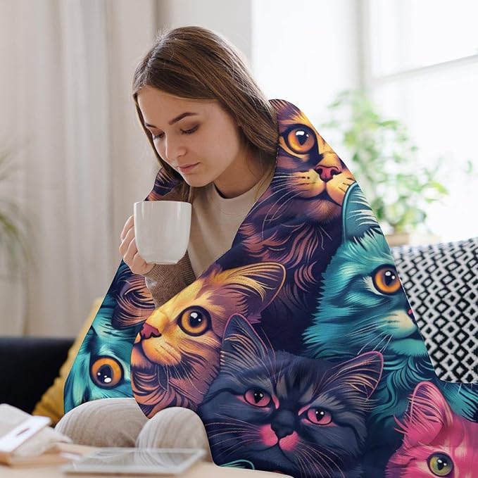 Funny Colorful Cat Print Blanket Kawaii Kitty Animal Throw Blankets Gifts for Couch Sofa Bed Stuff Decor Soft Cozy Fleece Plush Warm Flannel Bedding for Lover Men Women 50"x60"