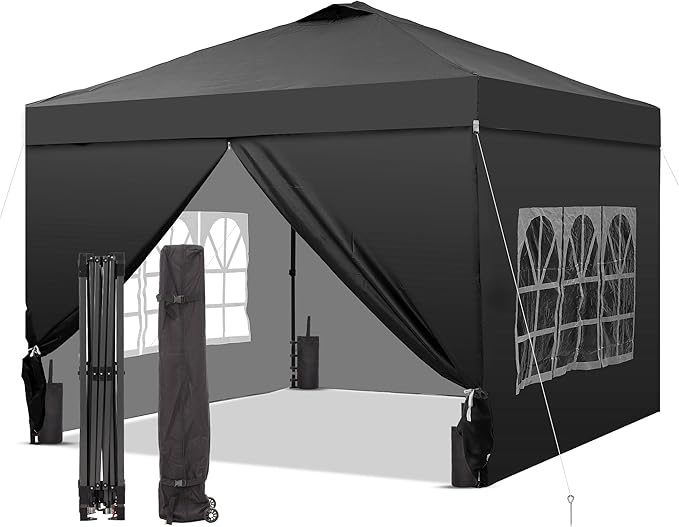 GDY 12x12 Pop Up Canopy Tent with 4 Sidewalls, Easy Set up with One Push Lift Outdoor Silver Coated Beach Gazebos, Carpas for Pool, Events, Parties, and Camping, Black.