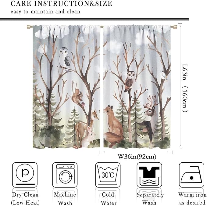 Forest Curtains, Cartoon Woodland Animals Tree Birds Moose Rabbit Mushroom Print Pattern Kids Bedroom Window Treatments Curtains 72x63in