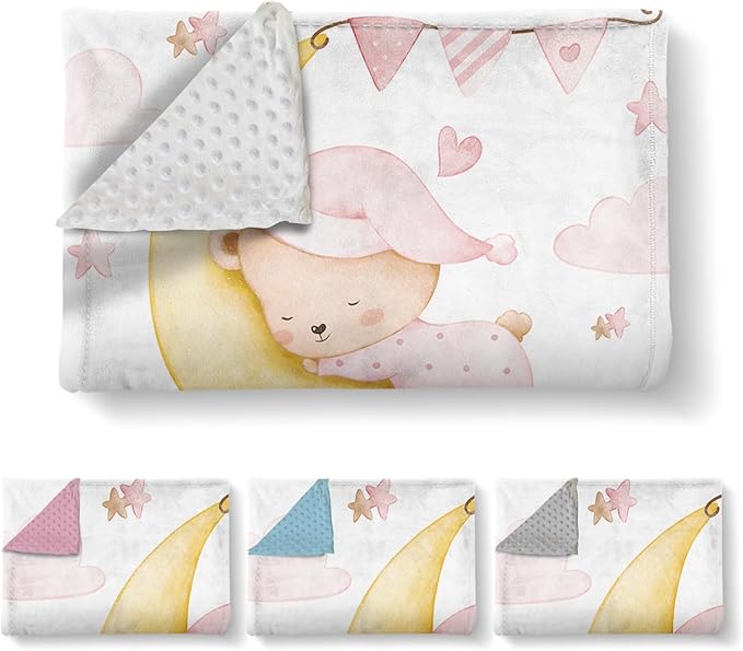 Personalized Baby Blanket for Girls, Custom Name Blanket for Newborn Toddler, Soft Flannel with Double Layer Dotted Backing, Gifts for Baby Shower Christmas Birthday, Pink Moon Bear(60" x80)