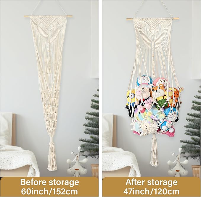 Stuffed Animal Storage, 5Ft Corner Hanging Stuffy Toy Hammock, Large Stuffed Animal Holder Organizer with Hooks, Macrame Plushie Net for Nursery Kids Playroom Bedroom Decoration (Cream)